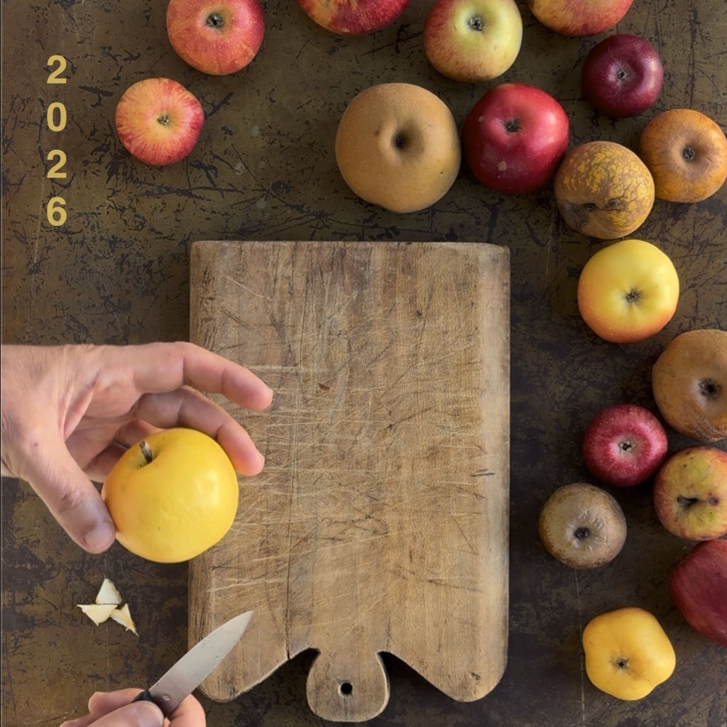 Apples of various colours, chopping board and knife